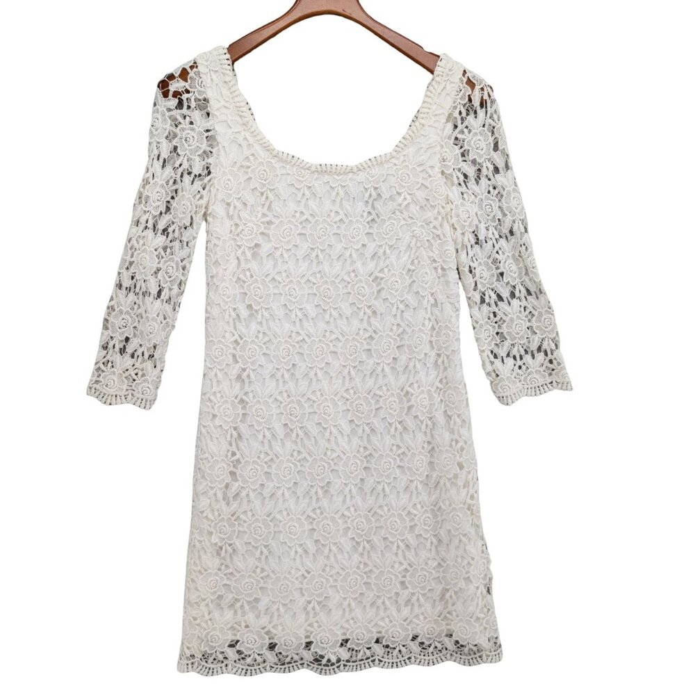 WHBM Crochet Lace Mini Dress Womens White 3/4 Sleeve Scoop Neck Size 2